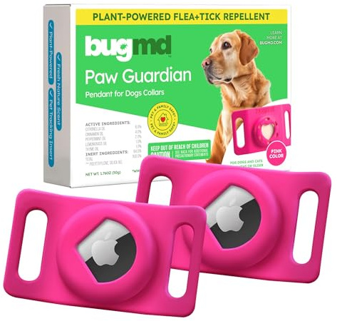 BugMD Paw Guardian Flea & Tick Pendant (2-Pack) with AirTag Holder – Plant-Based Flea & Tick Prevention for Dogs – Pet Collar Tag & GPS Tracker Holder for Dogs – Pink