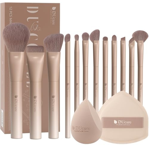 DUcare Set di Pennelli per Trucco 14Pezzi - Pennelli Make Up Set, Serie Caffè, con Spugnetta, Pennello Fondotinta, Pennello per Sfumare il Fondotinta, Pennello per la Cipria, Pennello per il Fard