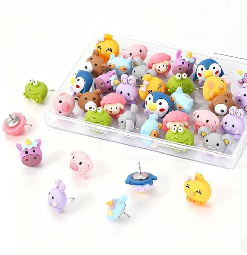 30 Pcs Animal Cute Push Pins, Mini Drawing Pins, 10 Style Fun Thumbtacks, Thumb Tacks for Map, Pinboard, Photo Display Wall, Office, School, Home Use Wall, Whiteboard