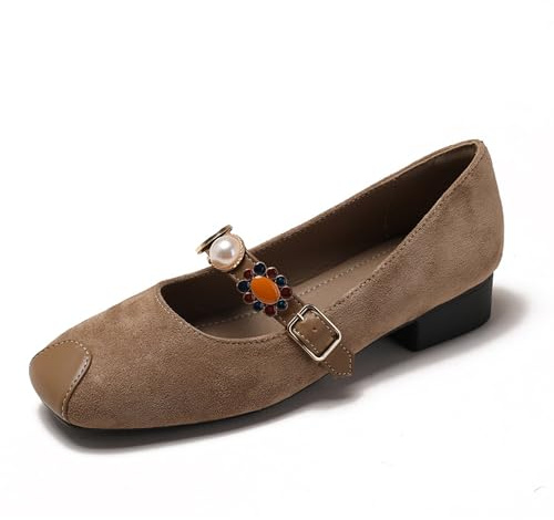 NEWBELLA Women's Mary Jane Flats - Round Toe Ankle Strap Buckle Ballet Flats for Daily & Work Wear (Khaki, Adult, Women, 9.5, Numeric, US Footwear Size System, Medium)