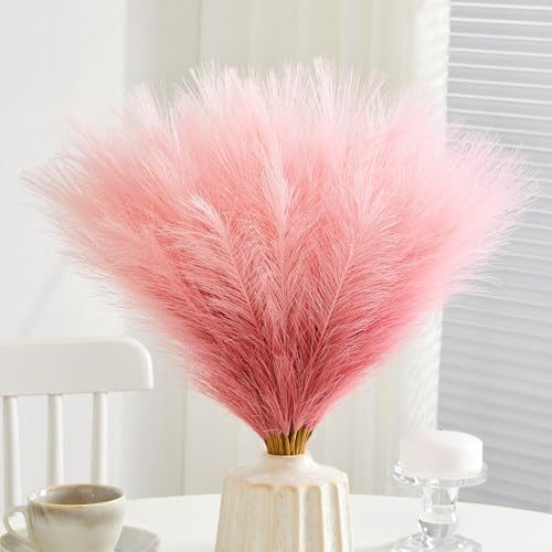 Cilimnas 50pcs Faux Pampas Grass,17.7 Artificial Fluffy Pampas Grass Decor Short Fake Pompos for Home Room Birthday Party Centerpieces Decoration(Gridient Pink)