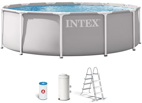 Intex - Piscina Desmontable, Gris, D366x99 cm, Capacidad para 8.592 litros, Escalera Seguridad, Estructura metálica, Ideal 5 Personas, Montaje 30 Minutos, Conexiones Ø32 mm (56082)