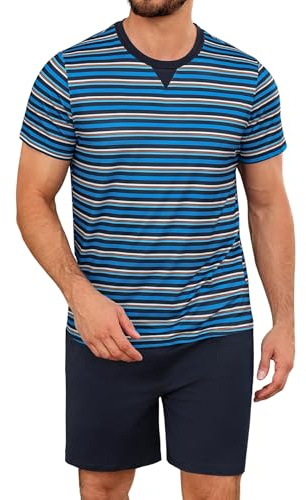 Leversic Verano Conjunto de Pijama Hombre Ropa de Dormir de Algodón Camisetas de Pijama a Rayas de Manga Corta y Pantalones Cortos para Dormir con Bolsillos