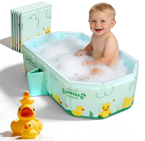 GOEDCH 78 x 45 x 30 cm, vasca da bagno pieghevole per bambini: verde menta, grande vasca da bagno con 5 palline oceaniche e 4 anatre giocattolo da 0 a 8 anni, integrata