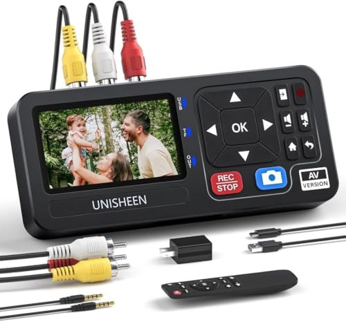 Unisheen Convertidor VHS a digital con control remoto, compatible con VHS, VCR, DVR, DVD, Cassette, Hi8, Mini DV, videocámara, consolas de juegos (VCR, VHS/DVD Player, videocámara requerida)