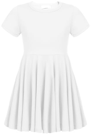 trudge Girls Summer Swing Dress A-line Short-Sleeved Cotton Solid Color Princess T-Shirt Dresses Basic Fattern Skater Dress 12-13 Years White