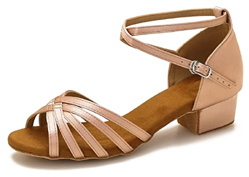 Yokala Womens Latin Salsa Dance Shoes for Social Beginner Low Heel Ballroom Practice Dancing Sandals S04(9.5,Nude-1.5 Inch Heel)