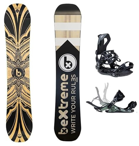 BEXTREME Pack Tabla Snowboard Freestyle Aurum con Fijaciones SP Private. Snow Wide para Hombre y Mujer Fabricado con Bambu, Haya y álamo. (Fijaciones SP 42,5-44,5 EU, 157cm)