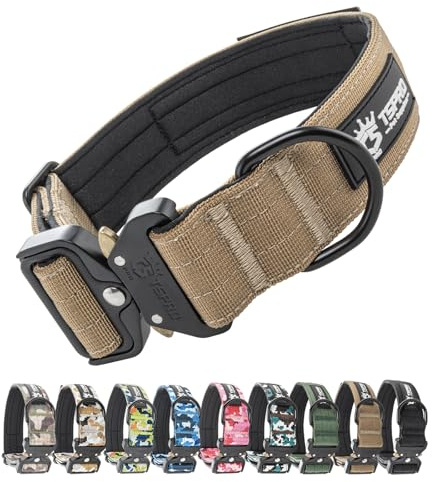 TSPRO Premium Collare per Cani, Regolabile Collare Tattico con Patch e una Robusta Fibbia Metallica a Sblocco Rapido, per Cani di Taglia Media a Grande (Khaki L)