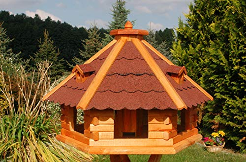XXXL Premium Vogelhaus ⌀70x45cm mit/ohne Solar/Ständer Futterhaus Vogelvilla Vogelfutterhaus, Farbe: Rot + Solar