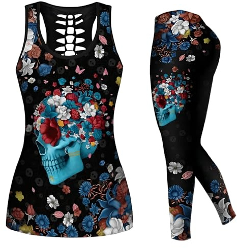 DRZHEAM Conjunto de 2 piezas de ropa casual de calaveras impresas en 3D, sin mangas, para yoga, leggings y pantalones de deporte