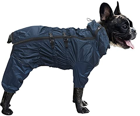 MOREZI Impermeabile per cani a collo alto, cappotto per cani impermeabile a quattro zampe, cerniera posteriore e polsini elastici, facili da indossare e da togliere e comodi da indossare-Navy-L