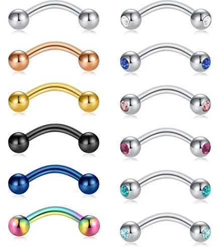 Briana Williams 12pcs Eyebrow Nose Lip Tragus Helix Daith Rook Piercing Bars 8mm 16G Stainless Steel Curved Barbell Banana
