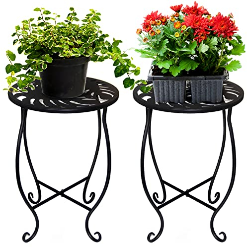 BNGGOGO 15'' Tall Black Metal Plant Stand, 10-inch Round, 2 Pcs Set, Rustproof, Indoor & Outdoor Use, 13.6 kg Load Capacity