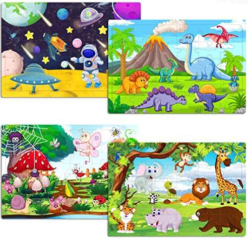 Wooden Jigsaw Puzzles for Kids 3-6 Year Olds - Space Dinosaur Animals 30 Piece Puzzle Toys - Toddler Children Learning Educational Puzzle Toys Set (4 Puzzles)