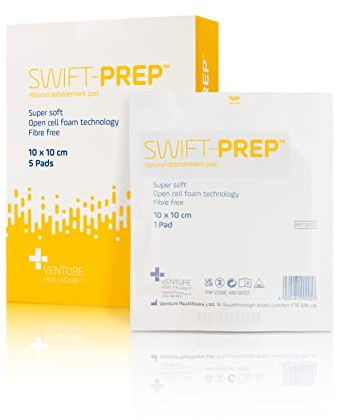 Swift-Prep Wound Debridement Pad - 10cm x 10cm - Pack of 5 - Super Soft - Fibre Free - Highly Absorbent - Non-Adhesive - Foam Dressing