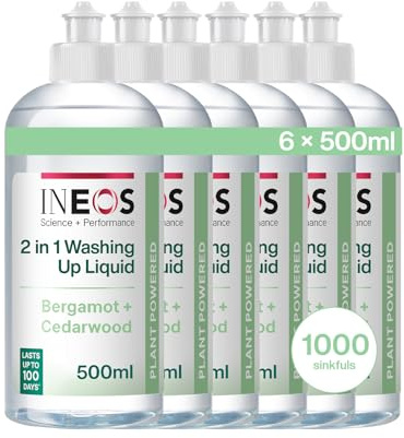 INEOS Next-Gen 2in1 Washing Up Liquid, 3L (500ml x 6), 1000 Sinkfuls, Dishwashing + Handwashing, Plant Powered, Bergamot + Cedarwood, Packaging May Vary