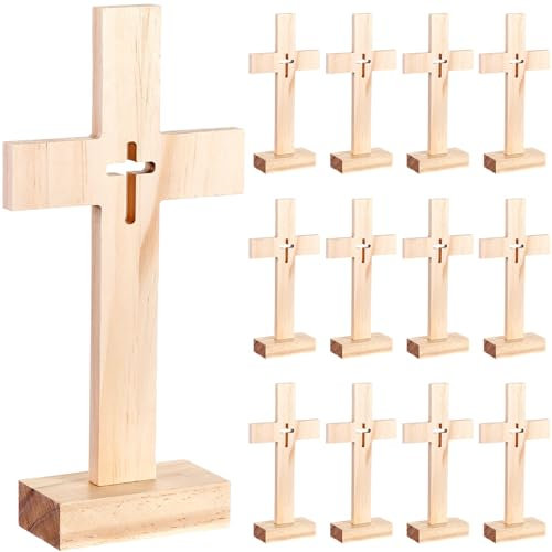Suzile 12 Pieces Christmas Nativity Wooden Cross Unfinished Wood Tabletop for Crafts Standing Centerpieces Easter Church Sunday School First Communion Baptism Decorations (Hollow Out)