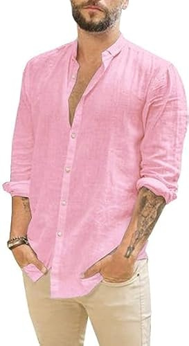Runcati Chemise pour homme en lin à manches longues pour l'été et la plage - Chemise décontractée coupe droite, Rose, XXL