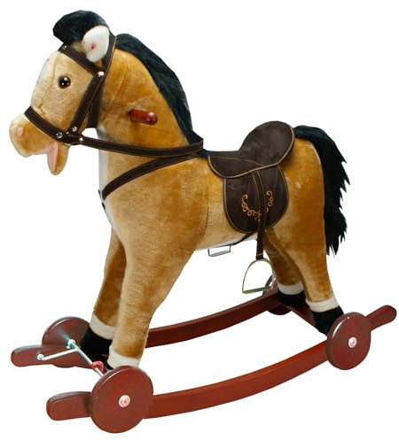 Cavallo a Dondolo Grande Marrone Chiaro, Peluche Cavalcabile con Ruote, Nitrisce e Muove la Bocca