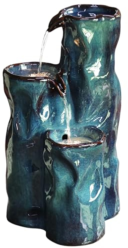Dehner Gartenbrunnen Corso, Solarbrunnen mit LED Beleuchtung, frostbeständiger Brunnen für Außen, 36.5 x 36.5 x 55 cm, Keramik, blau
