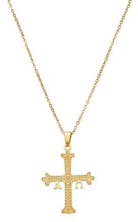 AVANCY Collar Cruz Asturias Acero 316 L. Chapado Oro 18 kilates. Cadena largo ajustable 45 hasta 50 cm.