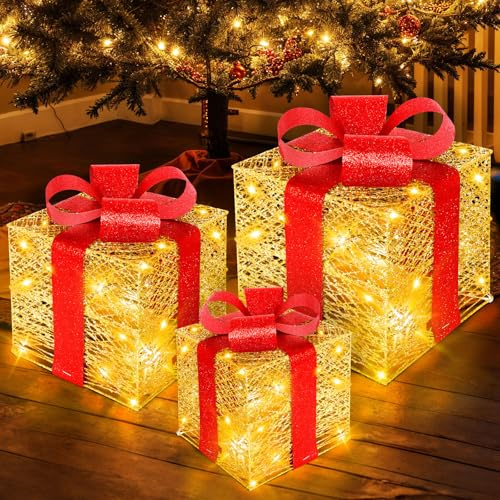 Vautvis Boîtes Cadeaux Lumineuses de Noël, Lot de 3 Boîtes à Cadeaux à LED, LED Cadeaux Lumineux, Decoration Noel Interieur Maison avec Guirlandes Lumineuses Chaud Illuminées