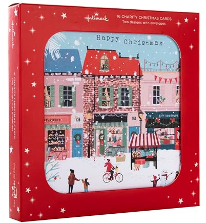 Hallmark Weihnachtskarte, Multipack Weihnachtskarten, 16 Stück, 2 Designs, Straßenszene & Schneekugel, Wohltätigkeitsorganisations-Weihnachtskarten, mit Umschlägen