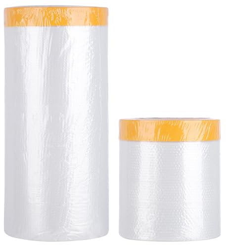 Fyguard 2er Set Abdeckfolie mit Klebeband, 20m x 55cm(150cm) Malerkrepp mit Folie Goldband Tape Selbstklebende Malerfolie zum Abdecken und Staubschutz