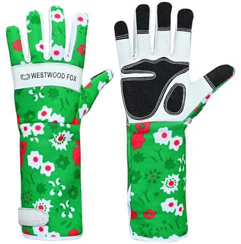 WESTWOOD FOX Leder Gartenhandschuhe Lange Unterarmschutz Ärmel dornsichere Arbeitshandschuhe Rose Beschneiden Garten Sicherheit Atmungsaktiv Langlebig Dicke Handflächenhandschuh (Grün, L)