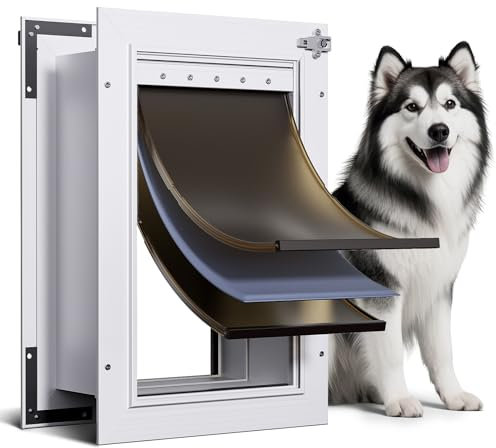 PETCOMING 3-Flap Insulated Aluminum Dog Door for Walls, Heavy-Duty Telescoping Pet Door with Dual Security Locks & Magnetic Flaps, Closing Panel, Large, Pets Up to 110 LB