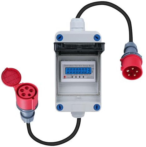 BuyWeek Mobiler Digitaler Stromzähler 16A 400V Drehstromzähler mit CEE Stecker und Kupplung IP44 Wasserdich Outdoor KWH Messgerät mit Reset Stromzähler für Steckdose für Elektrofahrzeuge Wohnmobile