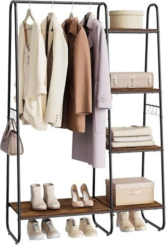 eSituro Clothes Rack, Coat Hanger with 5 Storage Shelves, 6 Hooks, Freestanding Rail For Bedroom/Entryway, Metal Frame, Vintage Brown and Black