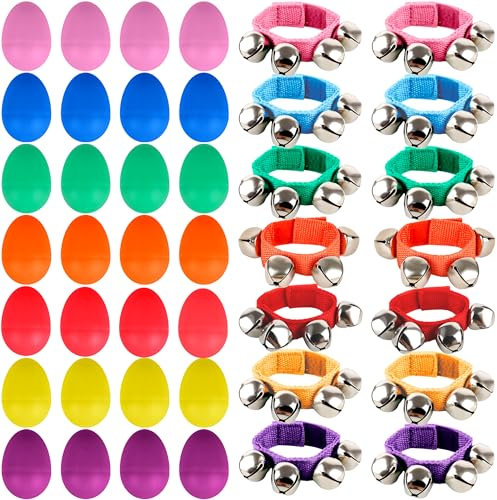 42 Pcs Shaker Musical Instruments Set Include 28 Pcs Colorful Egg Shaker and 14 Pcs Wrist Hand Band Jingle Bells for Musical Learning Toy Birthday Gift Christmas Party Favors , 7 Colors