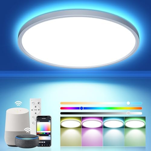 OTREN Plafon LED Techo Inteligente 40cm RGB, 48W 3000k-6500k Luz de Techo LED con Mando y App, Lámpara Techo Regulable Compatible con Alexa, Luces de Colores para Sala Dormitorio Cocina Baño IP44