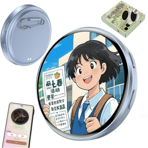 Electronic Badge Digital Display Pin, 1.8'' IPS Touch Screen, Customizable Photo Slideshow & GIF Display Video via Bluetooth, Magnetic Clip, for Cosplay Ita Bag (blue)