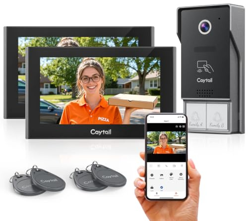 Caytail Kit Visiophone 2 Fils WiFi6 Bi-Bande, 2 Écrans Tactiles IPS 7, Audio Bidirectionnel, Caméra 1080P, Détection Humaine, Déverrouillage à Distance, Cartes RFID, Idéal pour Deux familles