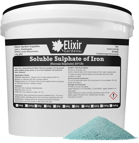 Elixir Gardens 20% FE Soluble Iron/Ferrous Sulphate | Lawn Tonic & Grass Green-Up| 1kg Tub | Makes 80L of Liquid Feed