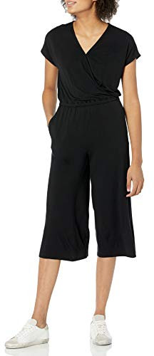 Amazon Essentials Women's Short-Sleeve Surplice Cropped Wide-Leg Jumpsuit with Elastic Waist, Black, XXL