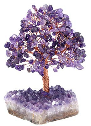 Jovivi Natural Amethyst Healing Crystal Money Tree on Amethyst Cluster Geode Druzy Base Feng Shui Crystals for Home Office Desk Decorations, Wealth, Good Luck