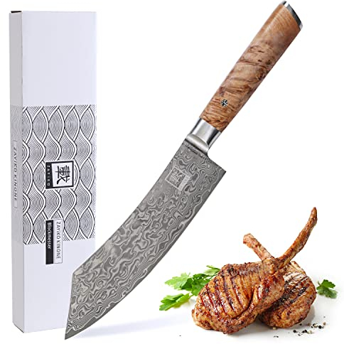zayiko Damast Blockmesser Klinge 20 cm I aus 67 Lagen I Damastmesser Küchenmesser aus echtem schwarzen Damaststahl mit Wurzelholzgriff Birke Serie Kinone