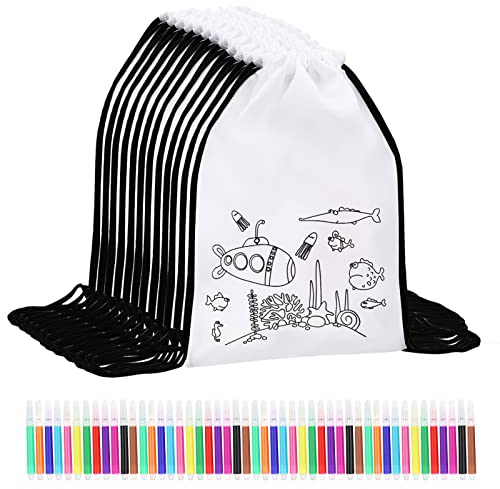 Mengxin 12 PCS Tüten Mitbringsel Kindergeburtstag Turnbeutel zum Bemalen mit 48 Stück Graffiti Stifte Partytüte Kindergeburtstag Gastgeschenke Kleine Geschenke für Kinder (12)