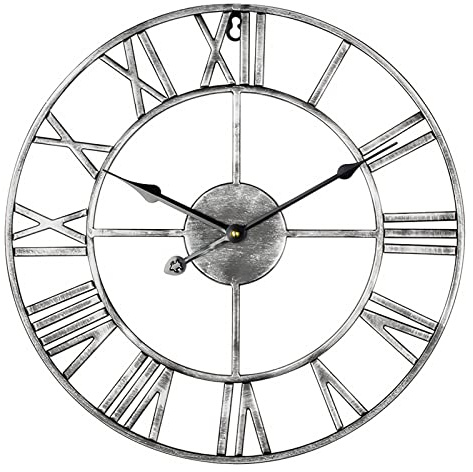 Crystals Outdoor Wall Clock Medium Roman Numerals Indoor Giant Open Face Metal Garden, 60cm (Silver)