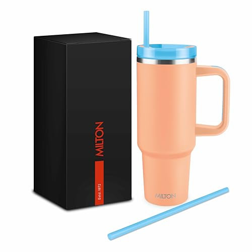 MILTON 40 oz Tumbler with Handle with 2 Straw Included, 12 Hour Hot and Cold Travel Mug, Double Walled Vacuum Insulated Thermal Cup, Stainless Steel Water Bottle, Malmo 1200, Peach Fuzz