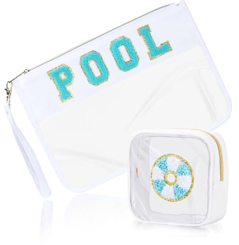 BuyCard 2 Pcs Pool Bag Cosmetic Makeup Bag with Chenille Letter Patch, Clear Pouch PVC Organizer Purse, Waterproof Travel Beach Bag, Portable Toiletry Storage Bag