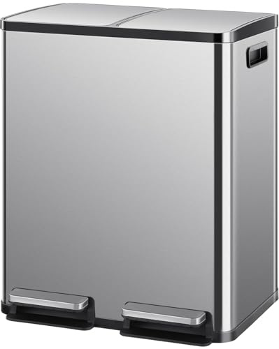 Homee 16 Gallon Trash Can Soft-Close Lid, Recycling Kitchen Trash Can with Foot Pedal and Removable Inner Bucket, 60 Liter Stainless Steel Waste Bin