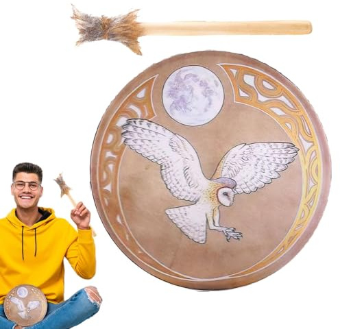 Meditationstrumma – med trumpinne Shaman handtrumma, trädekoration design handtrumma, trumma shaman, trumljud läkande verktyg, retro färg för meditation
