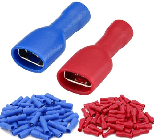 snabbkopplingsuttag vinyl helisolerad, 6,3 x 0,8 mm kabelsko, röd för 0,5–1,5 mm² (22–16 AWG), blå för 1,5–2,5 mm² (16–14 AWG), 120-pack