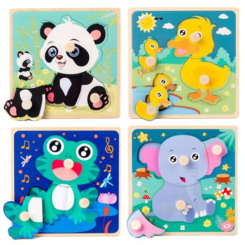 Holzpuzzle 1 Jahr, Steckpuzzle Holz ab 1 2 3 Jahr, Tier Holzpuzzle, Greifpuzzle Kinder, Montessori Spielzeug Holzspielzeug Baby Kinder Geburtstag Geschenk Lernspielzeug für Jungen Mädchen