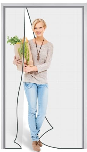 Pottwal Moustiquaire magnétique pour porte - Ouverture latérale - Fermeture automatique - Sans perçage - Pour salon, cave, terrasse - 100 x 220 cm - Gris